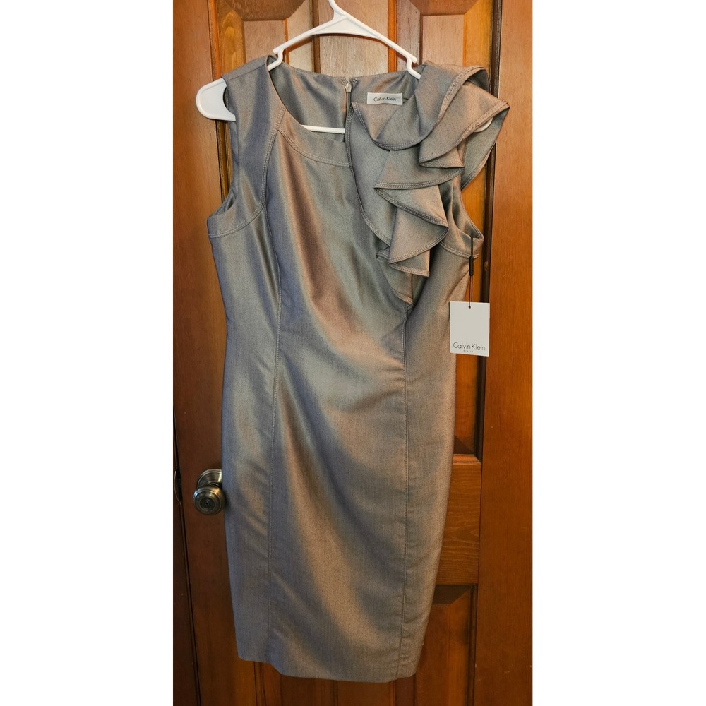 Calvin Klein Grey Ruffle Shoulder Sheath Dress Metallic Sleeveless Size